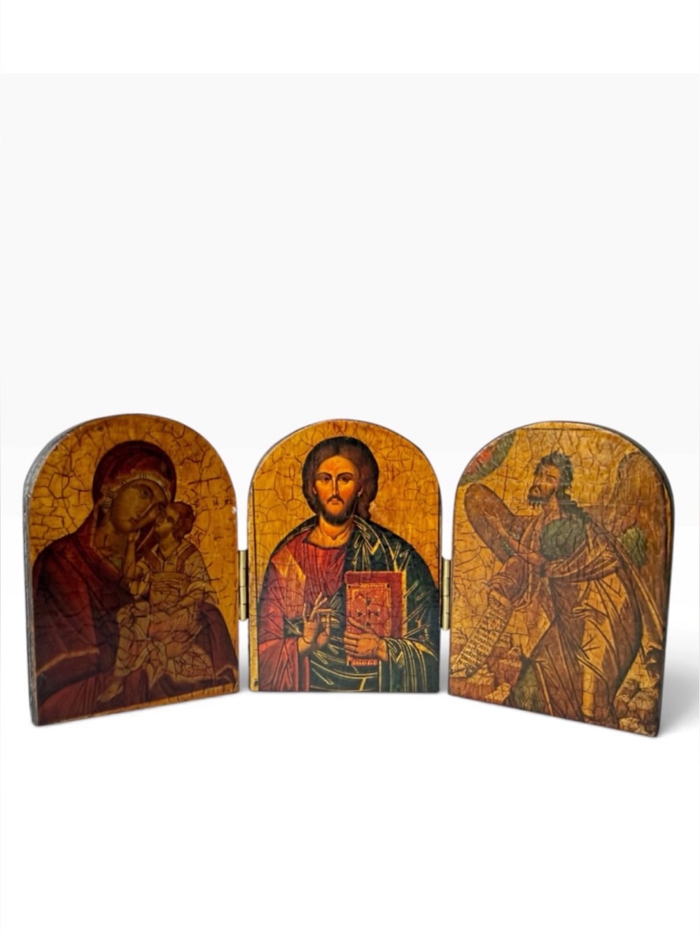 Vintage Jesus Christ Pantocrator Greek Orthodox Icons Mini Triptych Gilt Wooden